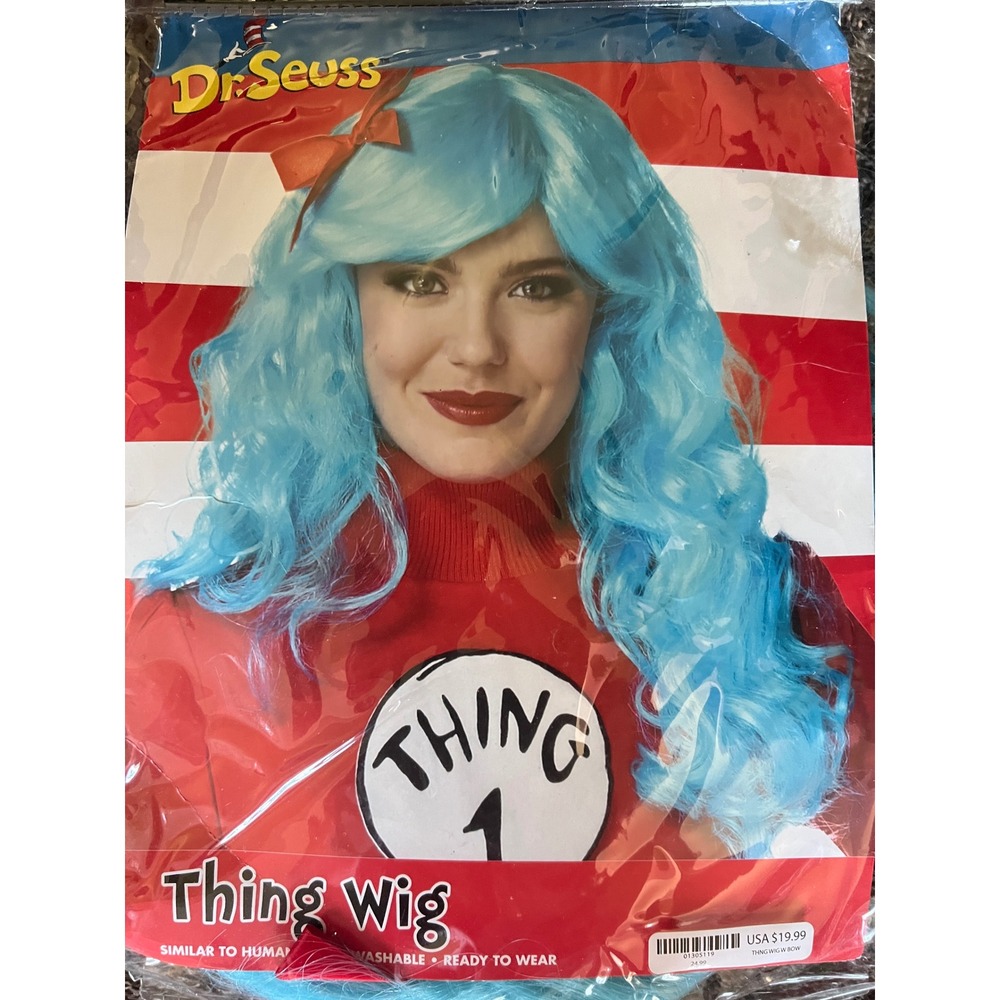 Dr Seuss Thing 1 & Thing 2 Blue Wavy Costume Wig with Red Bow Spirit Halloween